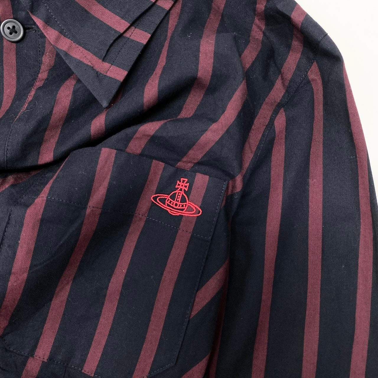 Af8 Vivienne Westwood RED LABEL ヴィヴィアンウエストウッドレッドレーベル アシンメトリー ロングスリーブシャツ ストライプ柄 オーブロゴ刺繍 サイズM ネイビー ワインレッド コットン100％ レディース 女性用u02t