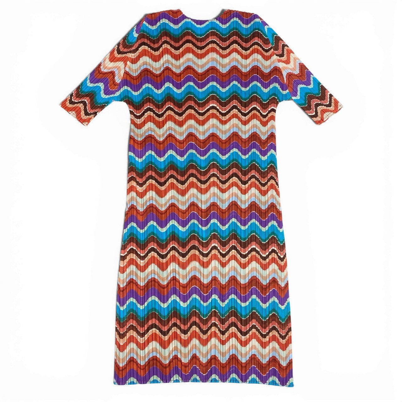 36a7 【美品】 PLEATS PLEASE プリーズプリーツ イッセイミヤケ 半袖ワンピース プリーツ ボーダー柄 PP83-JH724 3 オレンジ系 レディース 女性用k02i