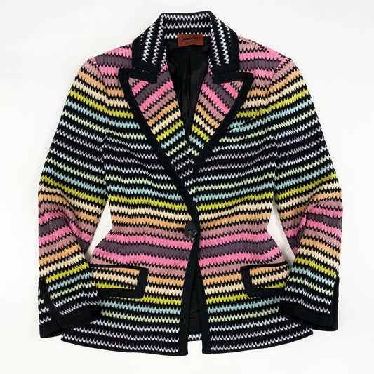 25f14 MISSONI ミッソーニ イタリア製 テーラードジャケット ニットジャケット パイピング ピークドラペル 40 マルチカラー レーヨン レディース