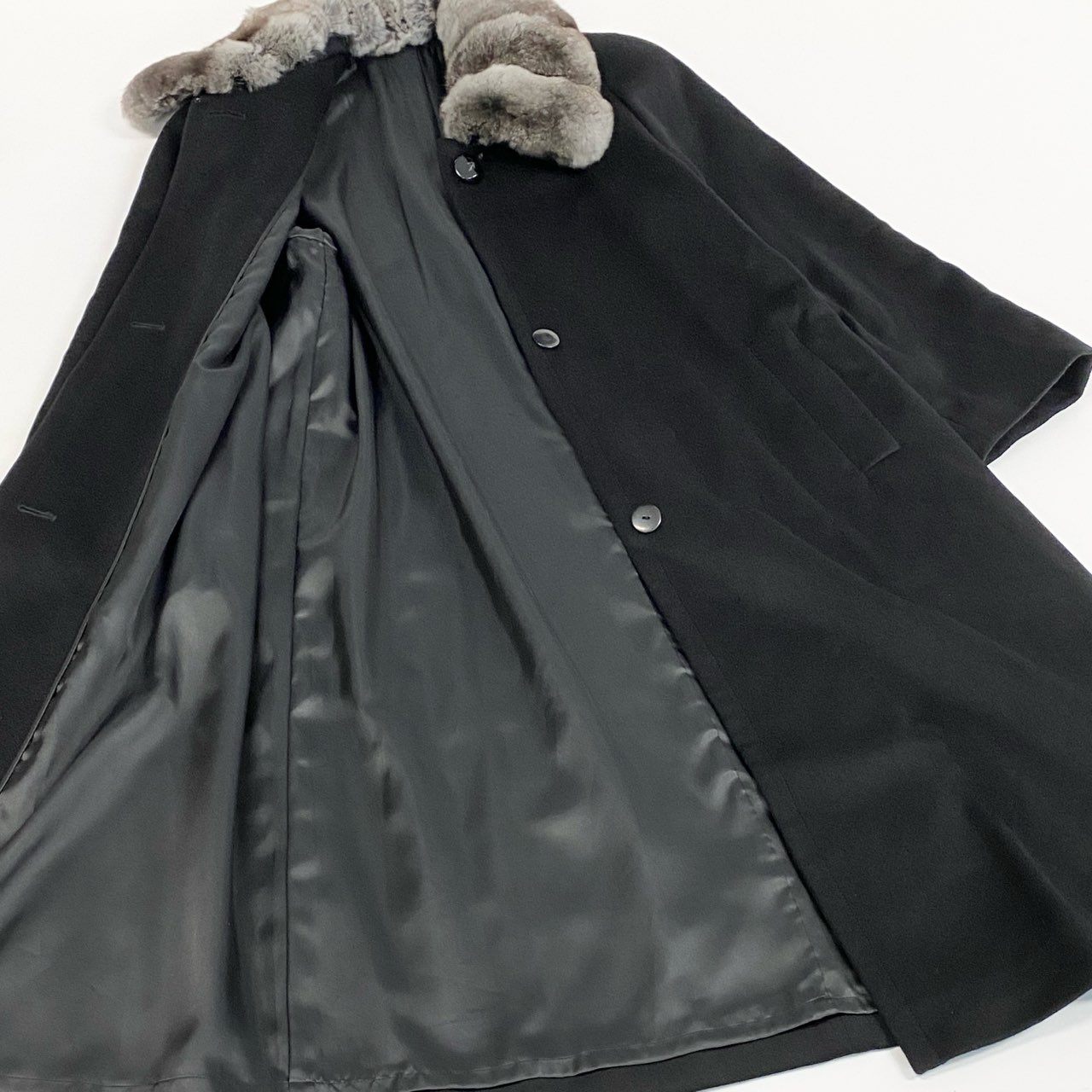 30a9 チンチラファー付き カシミヤロングコート サイズF ブラック 最高級毛皮 Chinchilla Fur Cashmere Coatt18r