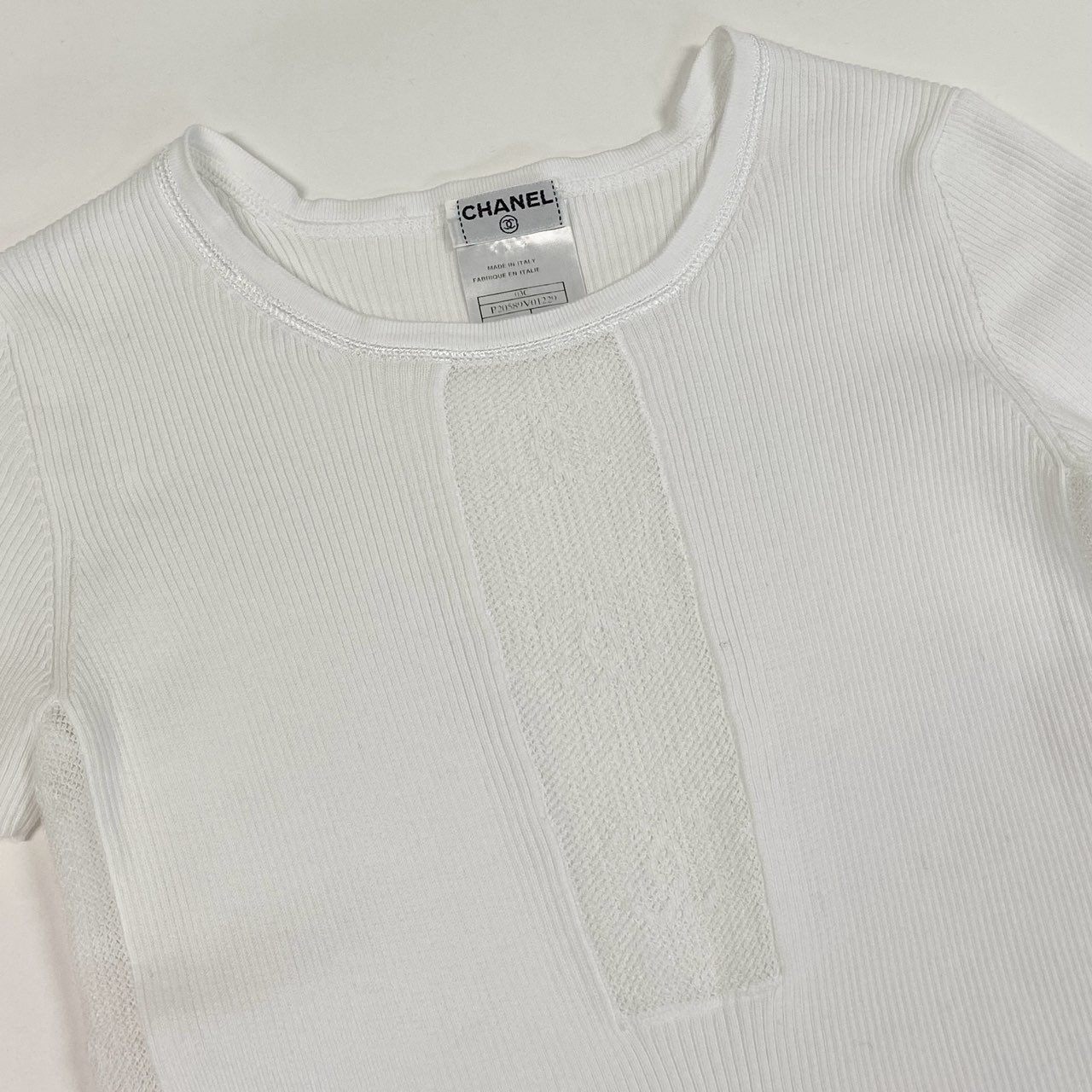 Cb19 CHANEL シャネル P20589 2003年 ジャガード ココマークロゴ リブニット 半袖タイトニット サイズ34 ホワイト レディース トップスta1