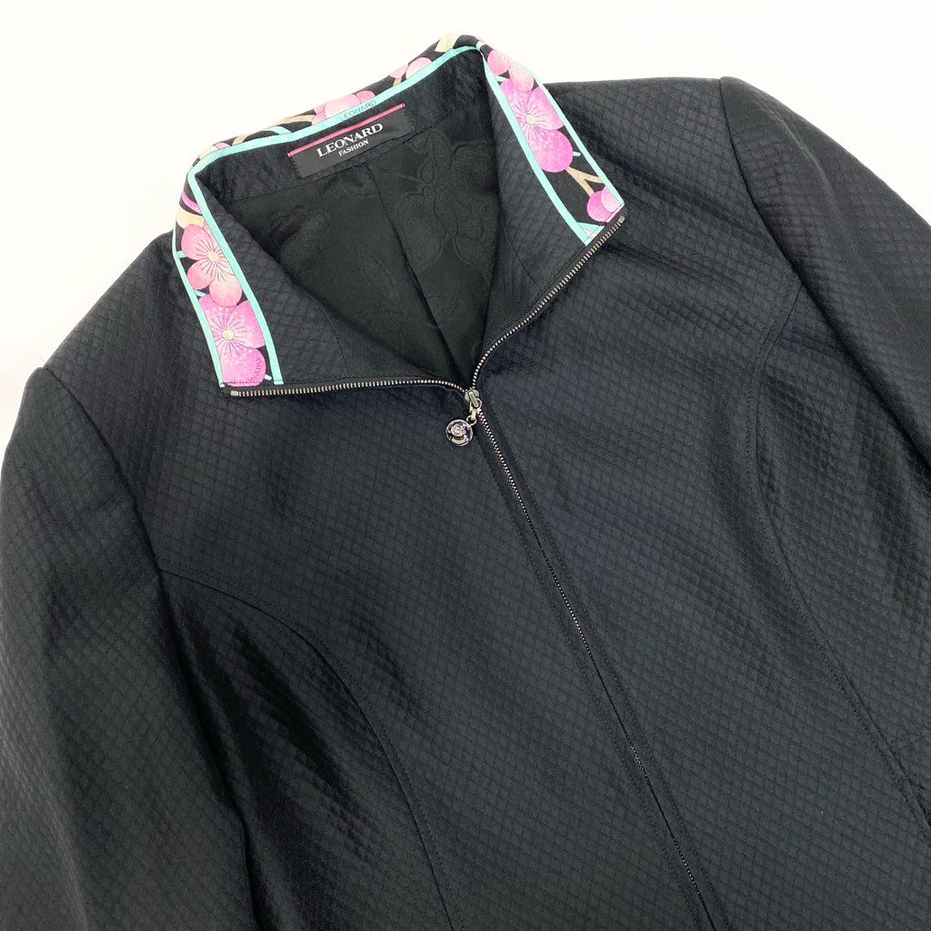 63a12 LEONARD FASHION レオナール フルジップ ジャケット ロングスリーブ 美しい花柄プリント〇 裏地花柄 レディース 42 ブラック シルク ウールo07t