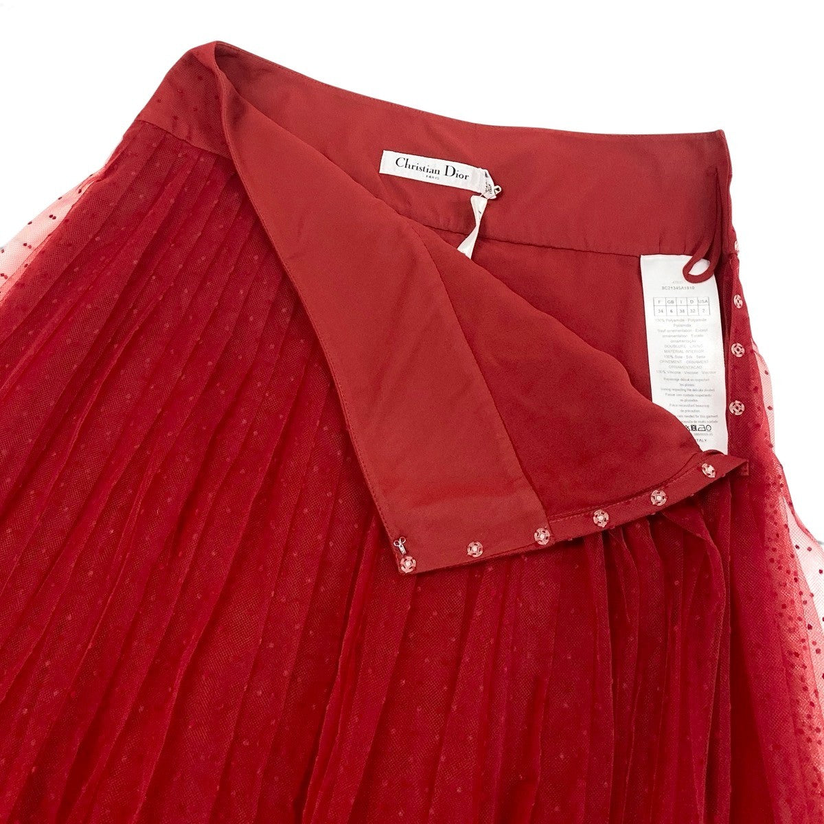 Ej13 【未使用】 Christian Dior クリスチャンディオール プリュムティ チュール プリーツ ミディスカート 8C21345A1810 サイズ34 レッド ポリエステル100％ レディースu02t