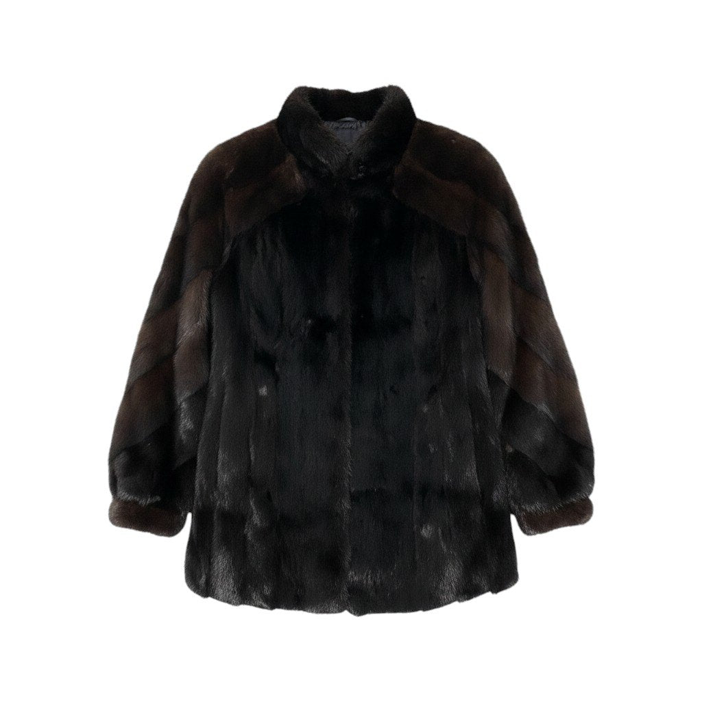57g14 デミバフ × ダークミンク 袖段 ファーコート ブラウン 本毛皮 Two-Tone Mink Fur Coatt18r