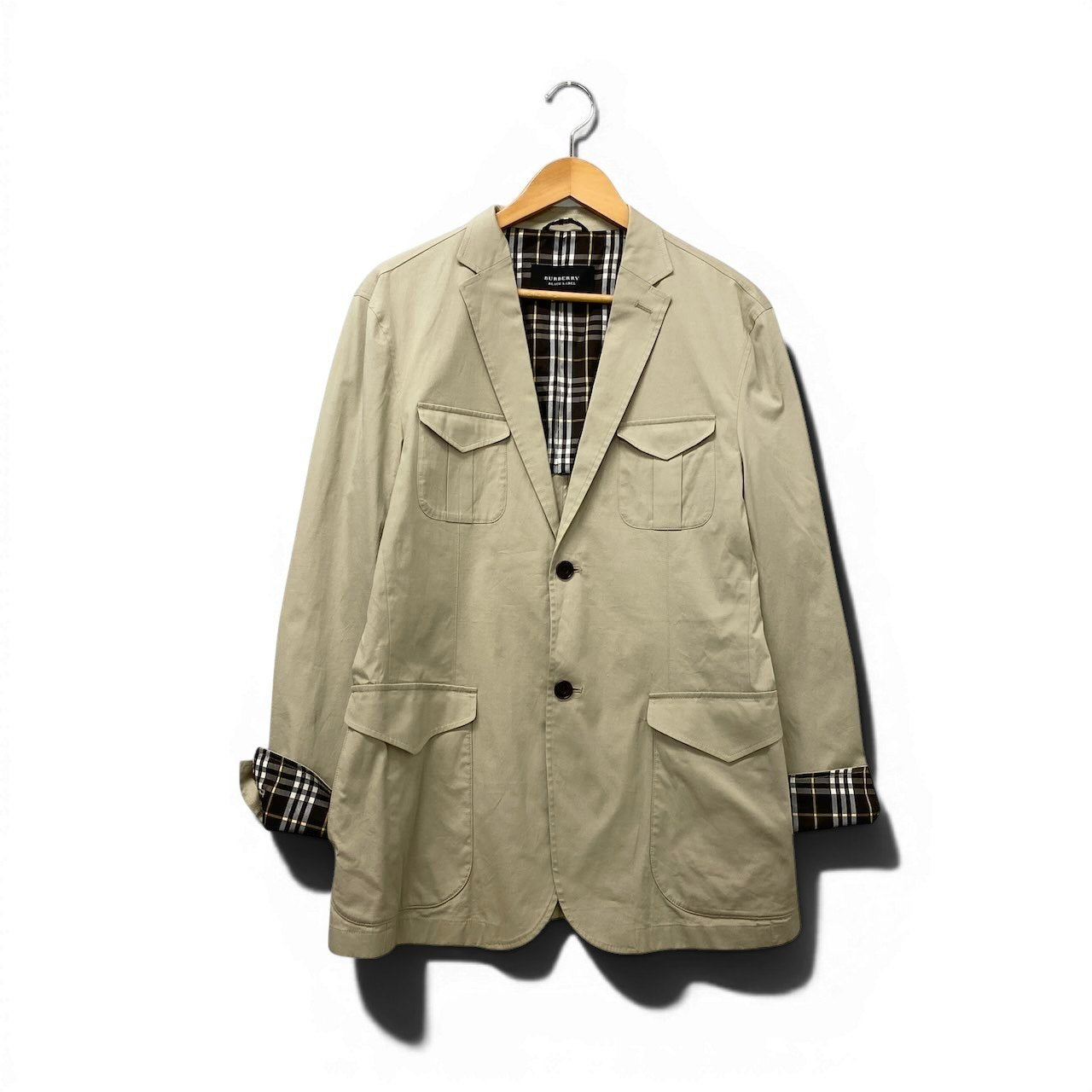 77e18 BURBERRY バーバリー テーラードジャケット ブレザー 背抜き 裏地チェック柄 Lサイズ ベージュ コットン メンズo07t