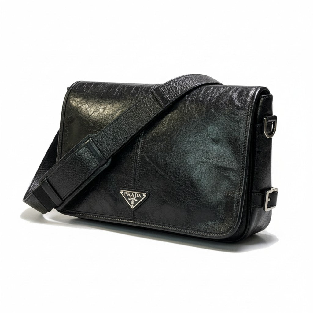 b17 【美品】PRADA プラダ 2VD073  ソフトルックスレザー ショルダーバッグ 三角ロゴプレート ブラック メンズ 鞄ta1