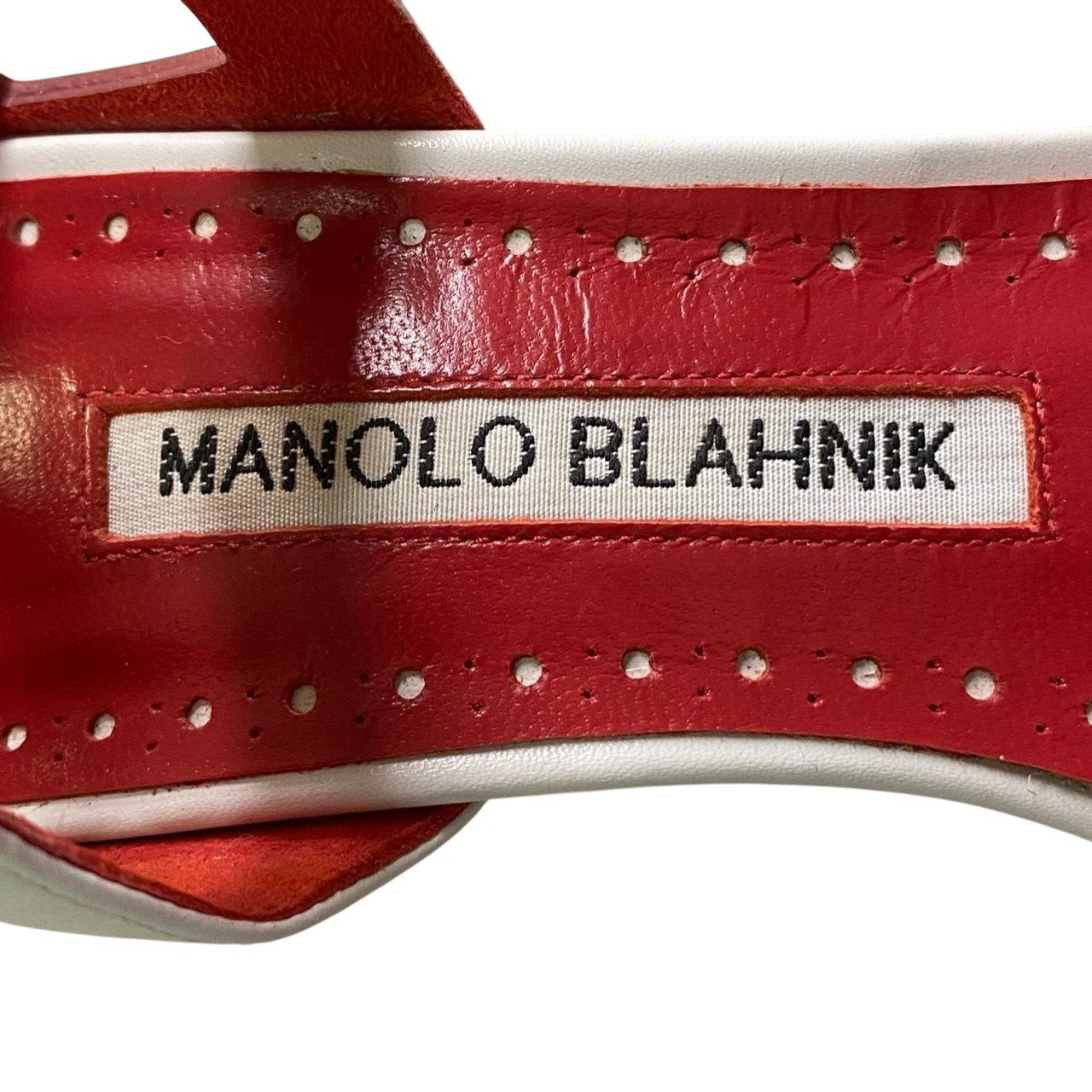 1b23 MANOLO BLAHNIK マノロブラニク アンクルベルト ヒールサンダル オープントゥ ルイヒール レディース 女性靴 イタリア製 34 1/2  ホワイト レッド レザーu02t