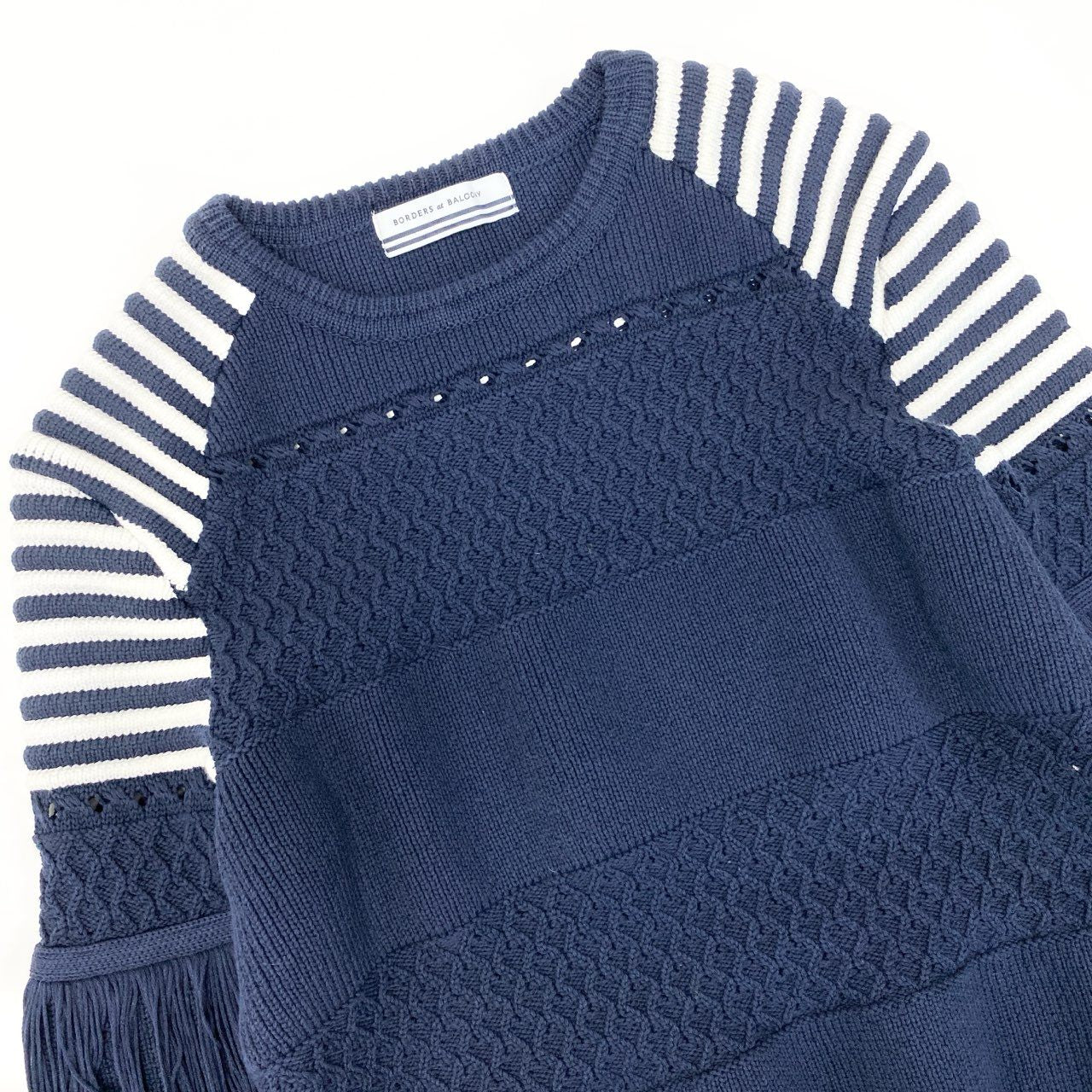 54h27 《美品》 BORDERS at BALCONY ボーダーズアットバルコニー フリンジ ニット セーター 洗える サイズ36 ネイビー ホワイト ボーダー コットン レディースu02t