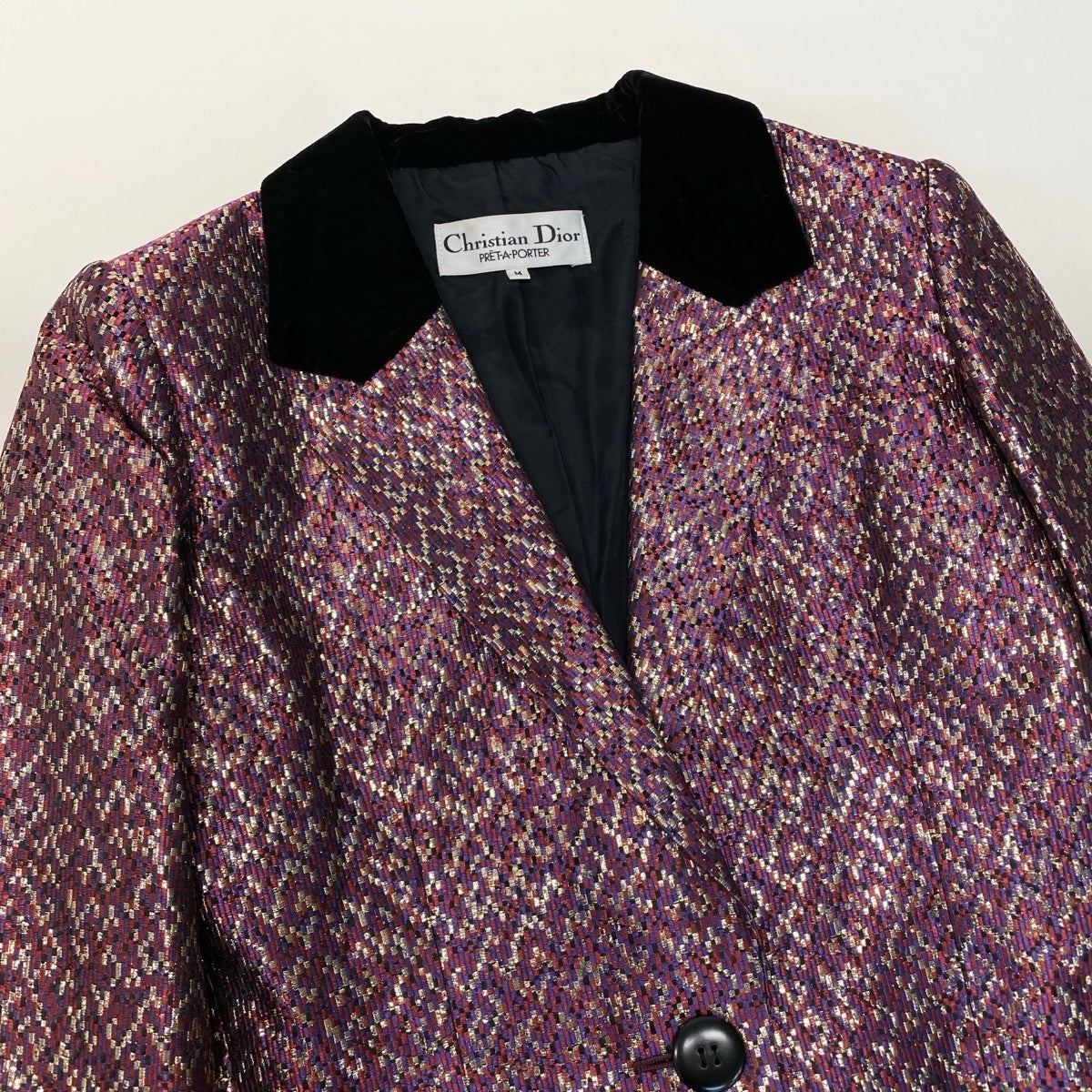 27g8 【美品】Christian Dior クリスチャンディオール テーラードジャケット ベロア切替 ラメ アウター Mサイズ パープル系 アセテート100％ レディース 女性用u02t