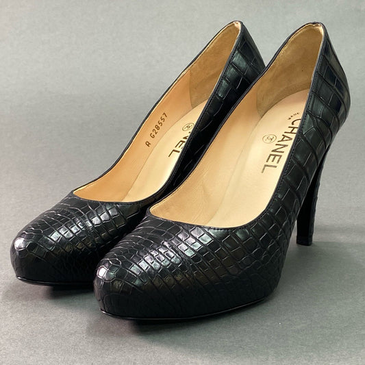9g9 《極美品》 CHANEL シャネル ココマーク リアルクロコ パンプス 37 1/2 ブラック レザー クロコダイル シューズ 本革 イタリア