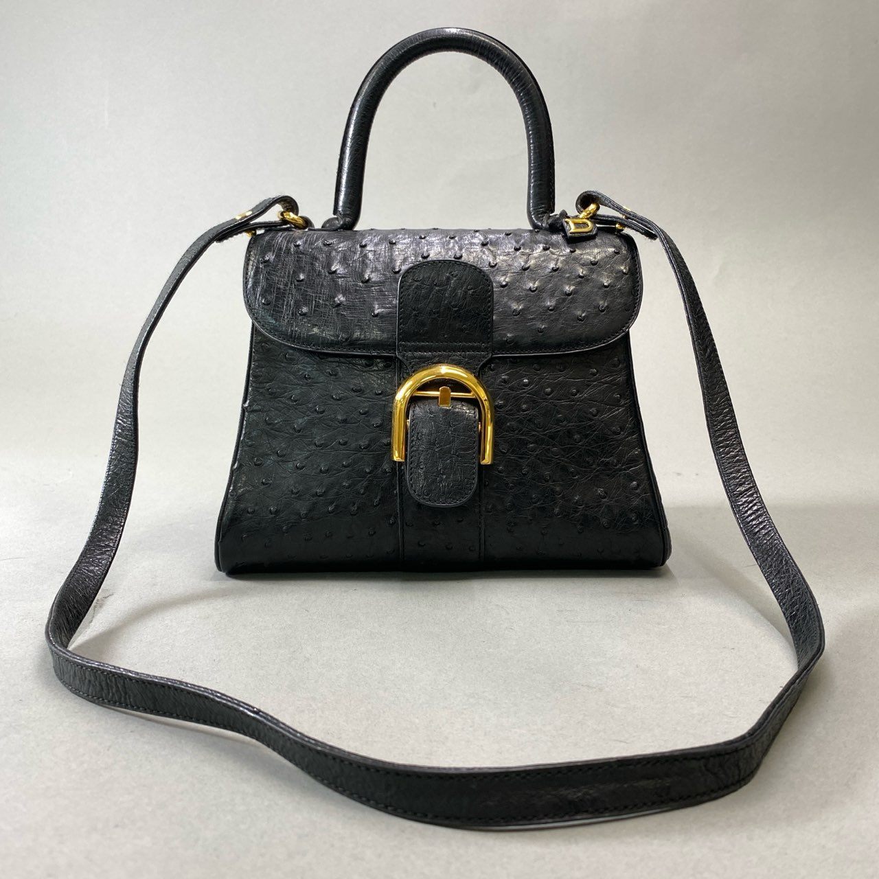 AL8 【美品】DELVAUX デルヴォー ブリヨン オーストリッチ ハンドバッグ ショルダーバッグ ブラック オーストリッチ 2way レディース 鞄k02i