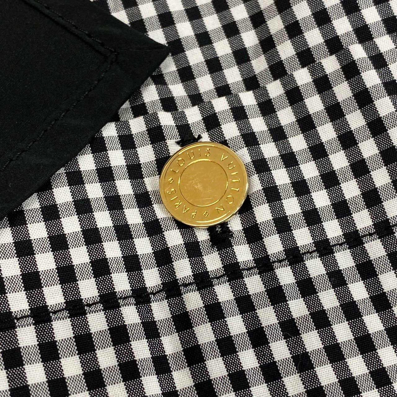 27a23 LOUIS VUITTON ルイヴィトン ゴールドボタン ギンガムチェック ボウタイブラウス 半袖ブラウス 実寸L相当 レディース トップスk02i