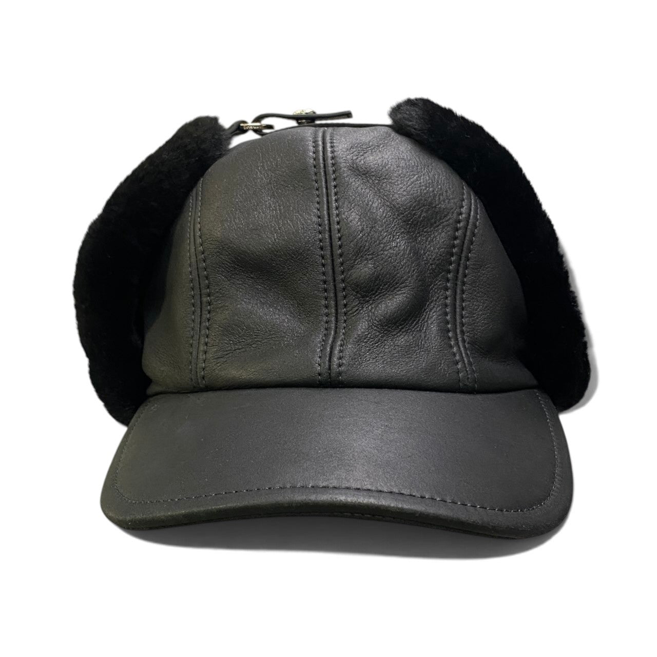 i2 【美品】 PRADA プラダ シアリング ハット ムートンレザー キャップ サイズM ブラック レディース
