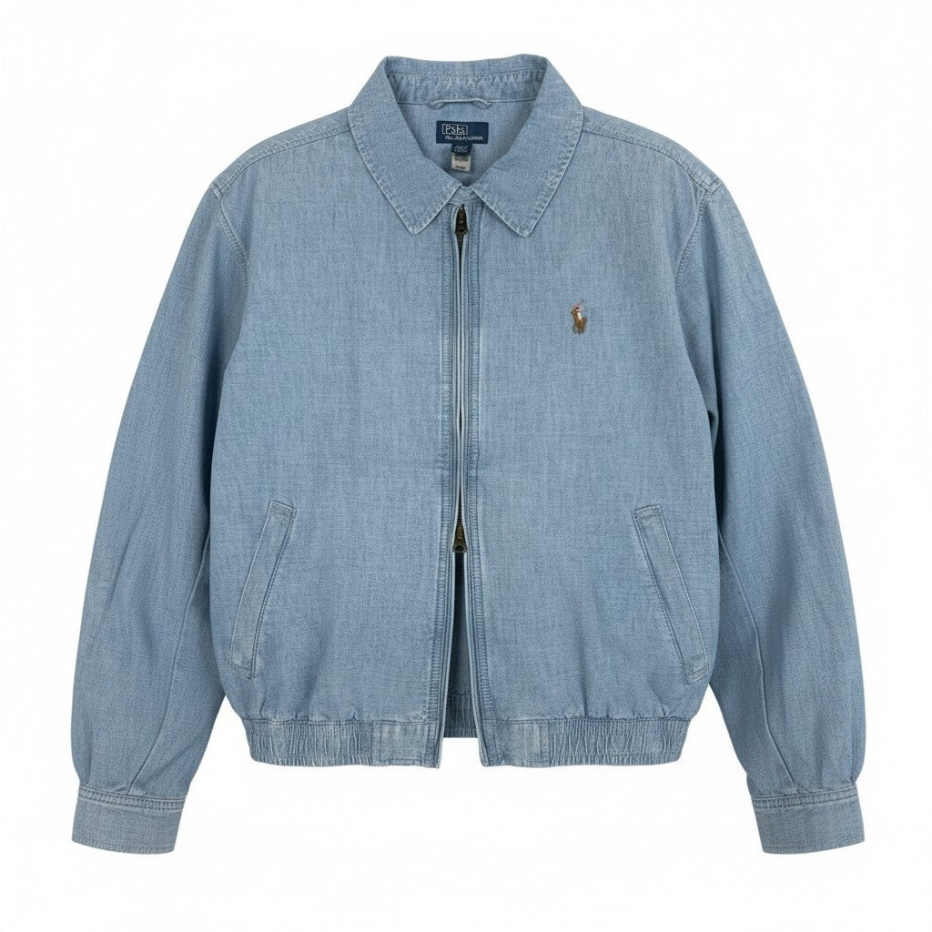 84c29【美品】 Polo by Ralph Lauren ポロバイラルフローレン デニムシャンブレー ブルゾン 近年 ダブルジップ ロゴ刺繡 L/G ライトブルー コットン100％ メンズ 紳士服u02t