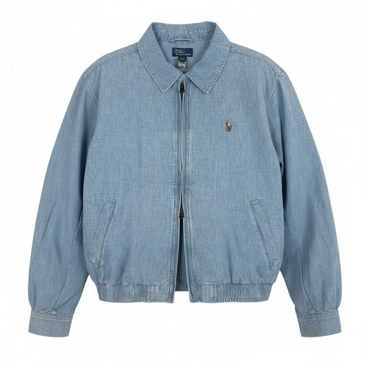 84c29【美品】 Polo by Ralph Lauren ポロバイラルフローレン デニムシャンブレー ブルゾン 近年 ダブルジップ ロゴ刺繡 L/G ライトブルー コットン100％ メンズ 紳士服u02t