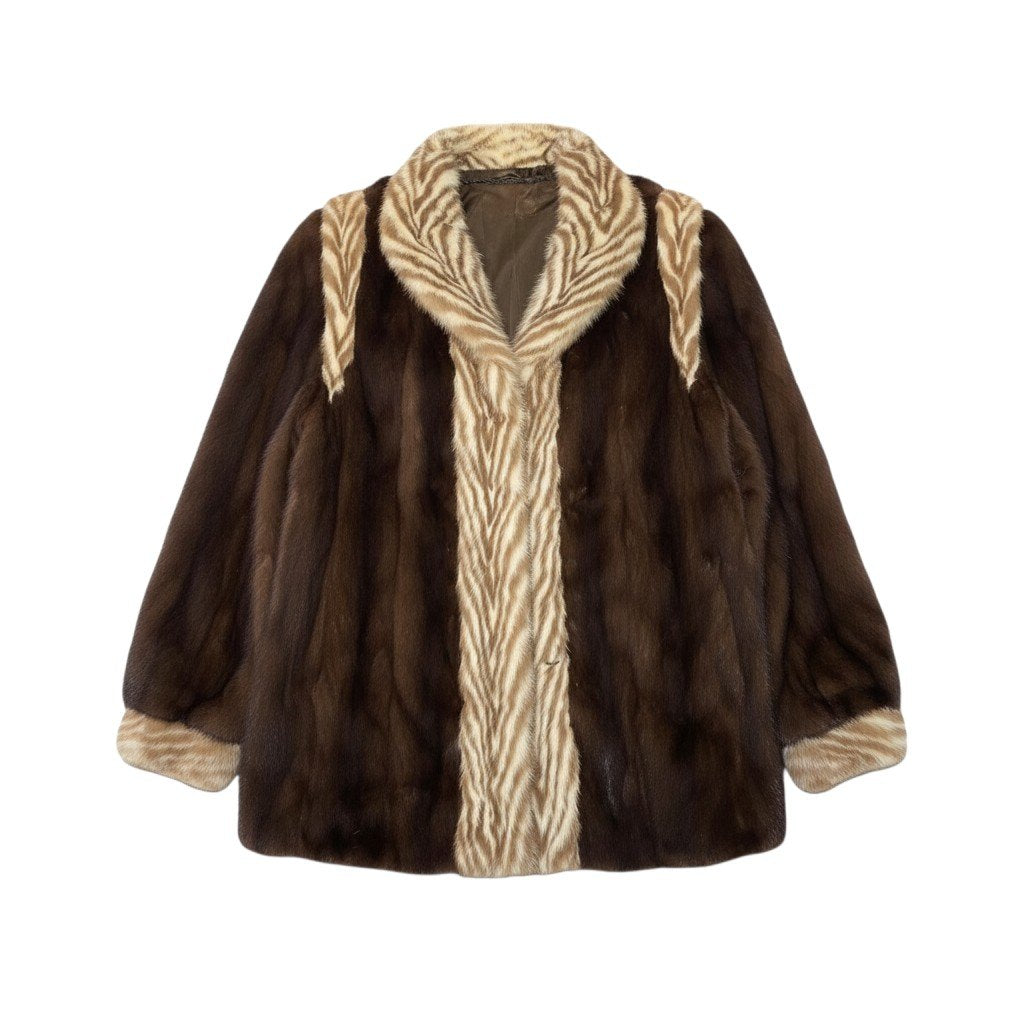 20i21 袖着脱可 希少デザイン ミンクファーコート サイズ11 茶系 本毛皮 Mink Fur Zebra Design Coat リアルファーt18r