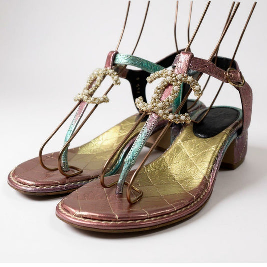 1k18 CHANEL シャネル ココマーク パールバックル トングサンダル G36402 35C ピンク グリーン シューズ グリポアt18r