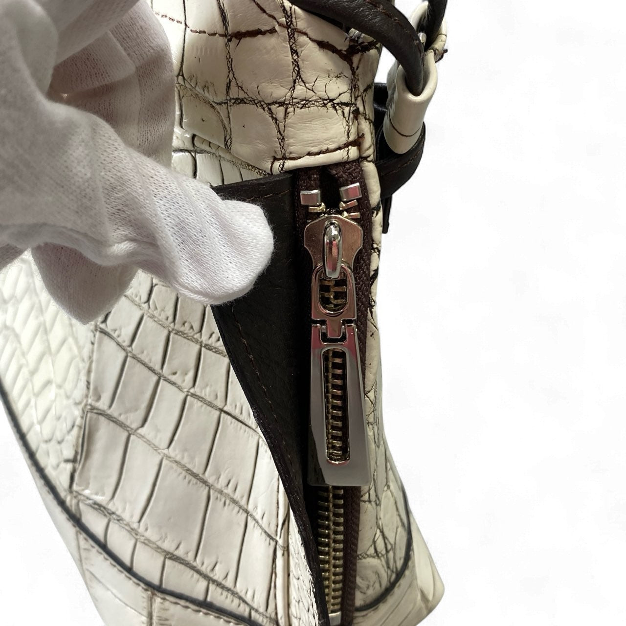 ak18 JRA認定 クロコダイル 2way ハンドバッグ ショルダーバッグ 目地染め ホワイト レザーk02i