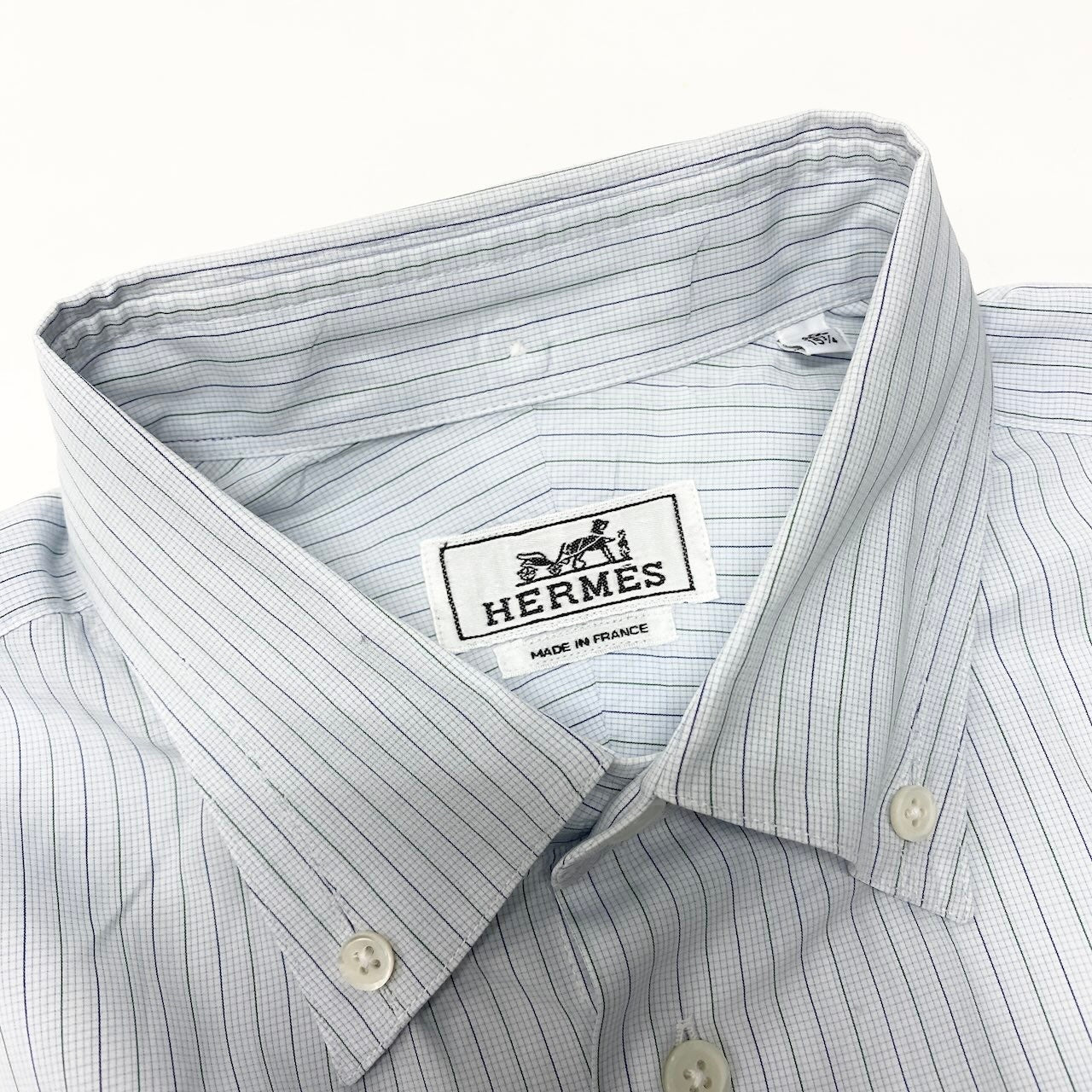 60e1 Hermès エルメス ロングスリーブシャツ ストライプシャツ 薄手 フランス製  40-15 3/4 ブルー ホワイト コットン100％ メンズ 紳士服u02t