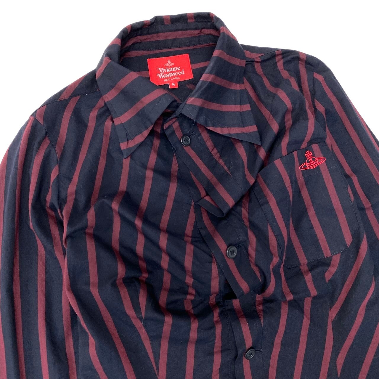 Af8 Vivienne Westwood RED LABEL ヴィヴィアンウエストウッドレッドレーベル アシンメトリー ロングスリーブシャツ ストライプ柄 オーブロゴ刺繍 サイズM ネイビー ワインレッド コットン100％ レディース 女性用u02t