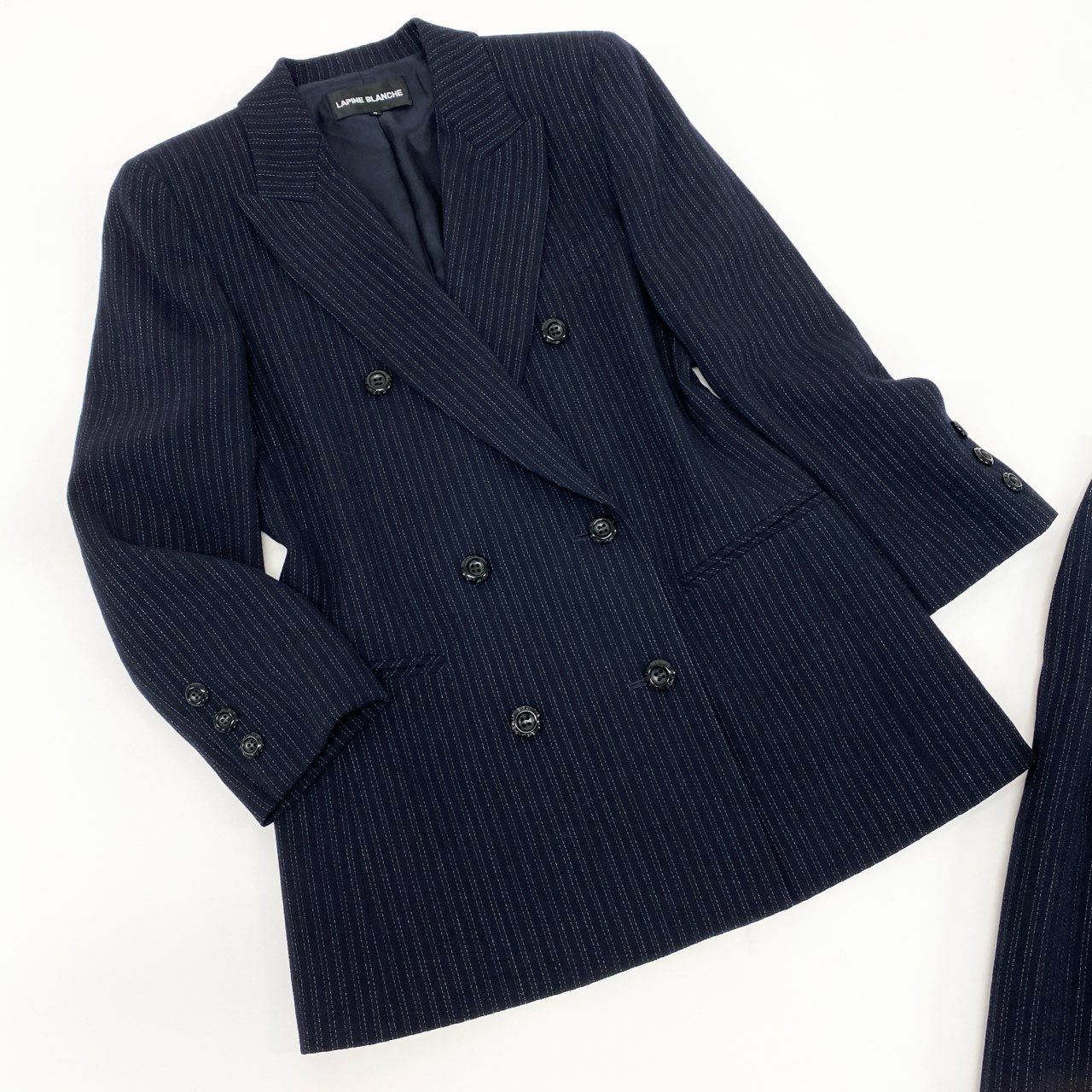 4k23《美品》 LAPINE BLANCHE ラピーヌブランシュ セットアップスカート ダブルブレストジャケット ストライプ柄 ウール混 レディース 女性用 9 ネイビーu02t