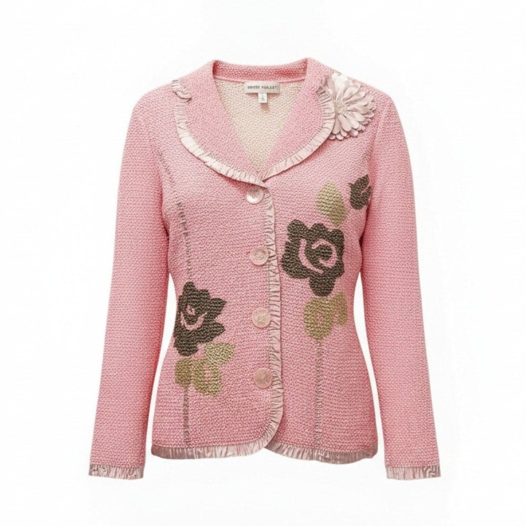 67c31 【未使用タグ付】 NOKO-PLEATS ノコプリーツ プリーツジャケット フラワープリント スパンコールボタン レディース 女性服 サイズ40 ピンク ポリエステル100％u02t