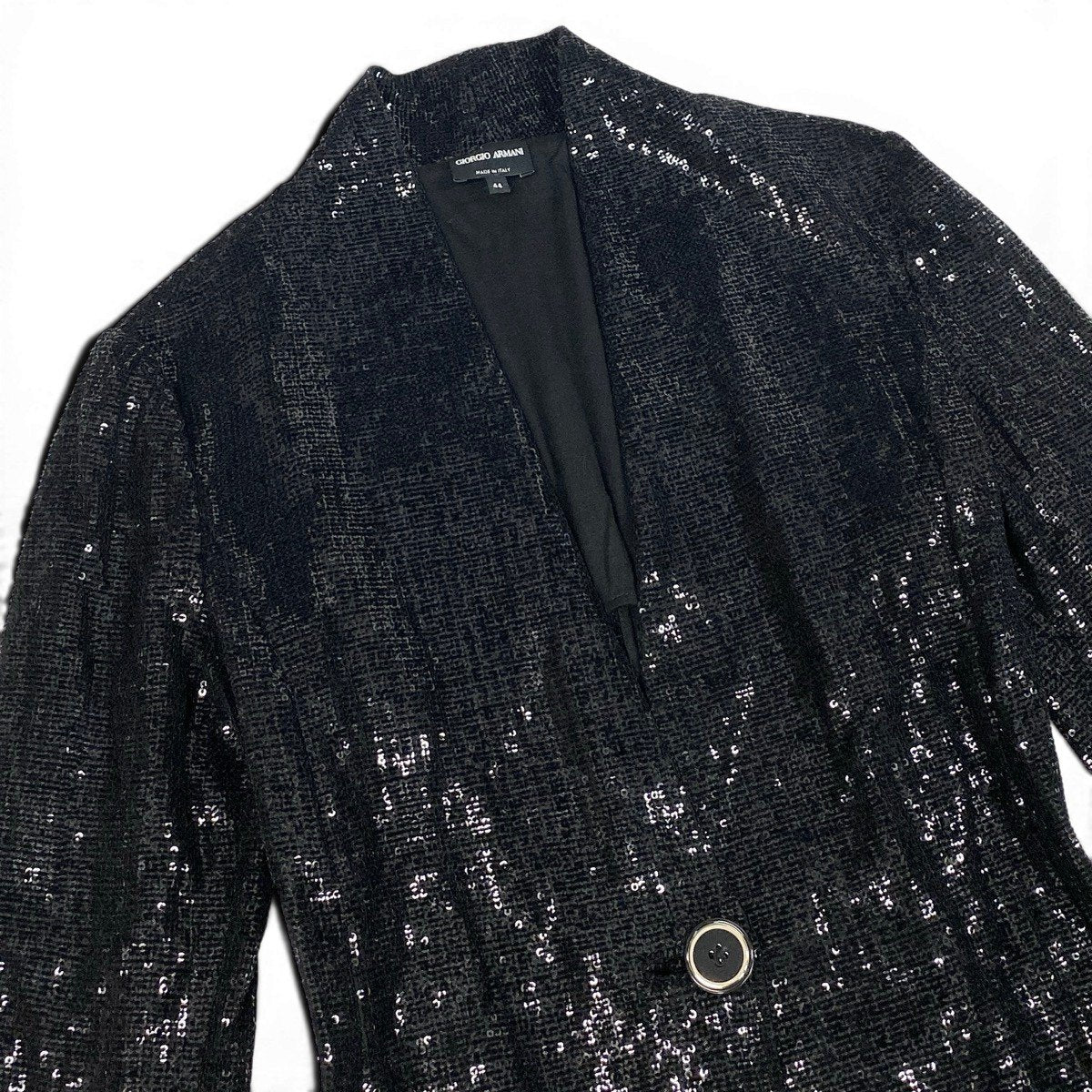 Eg10 【美品】 GIORGIO ARMANI ジョルジオアルマーニ スパンコール ノーカラージャケット サイズ44 ブラック レディースk02i