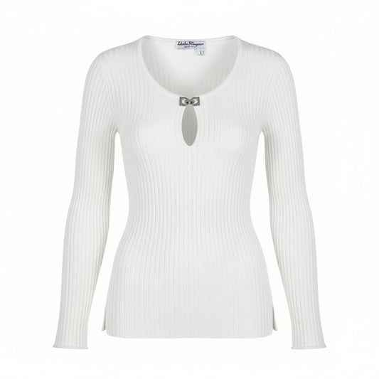 Ea23 Salvatore Ferragamo サルヴァトーレフェラガモ ガンチーニボタン 7分袖 リブニット トップス L ホワイト コットン レディースu02t