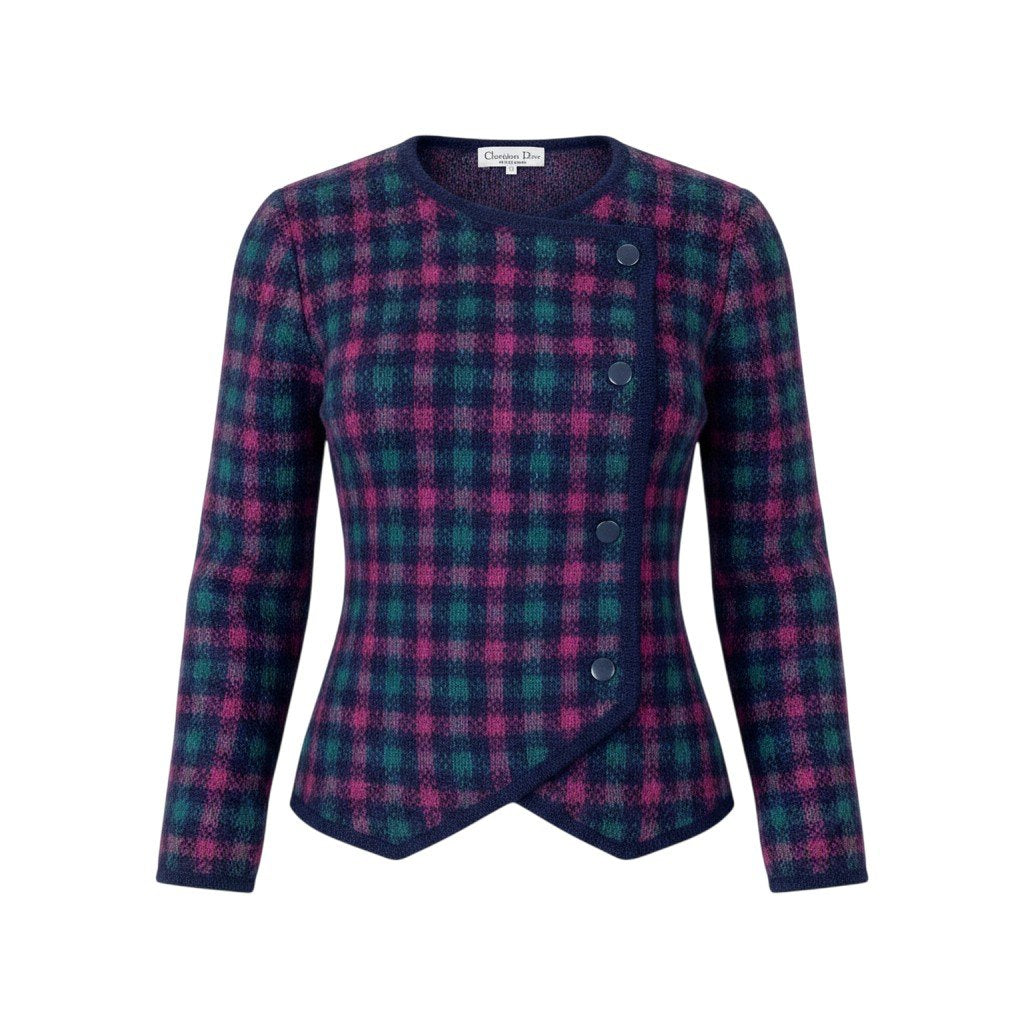 82h25 Christian Dior クリスチャンディオール ノーカラー ニットジャケット チェック柄 ウールブレンド M マルチカラー レディースo07t