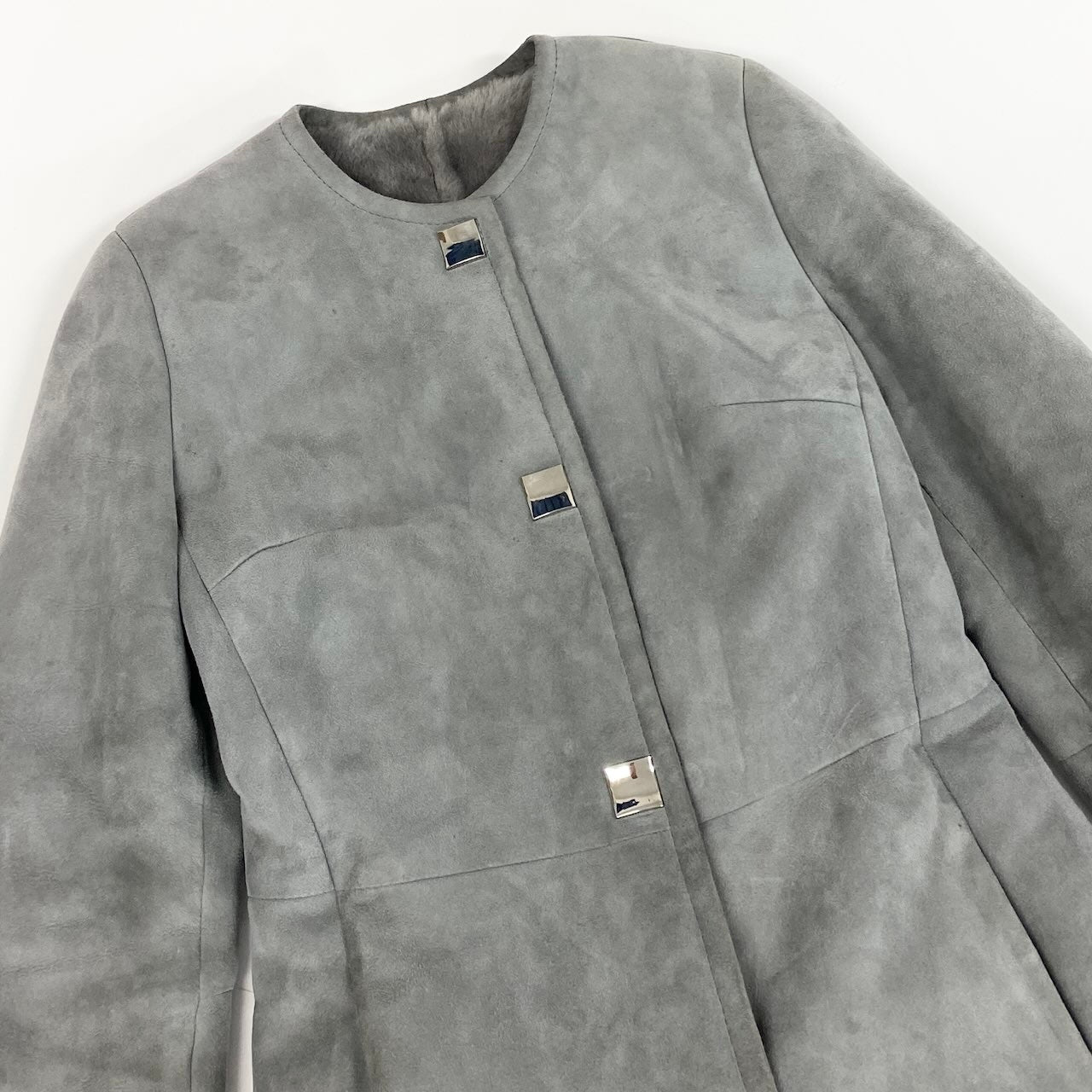 44d27 Deri Sarayi デリサライ ムートンコート ノーカラーコート ITサイズ42 グレー シアリング レディース 女性服u02t