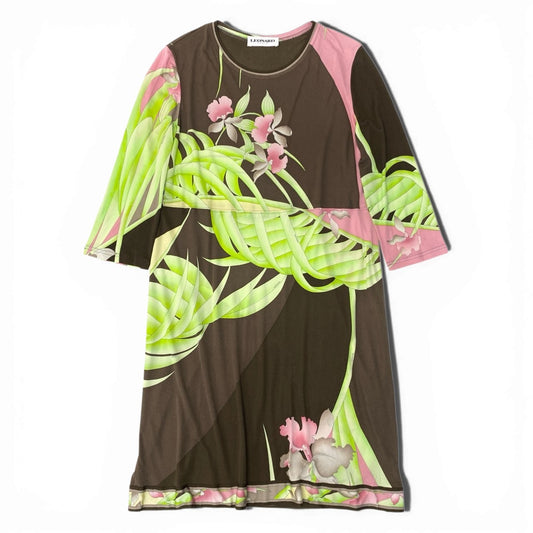 11b6 LEONARD レオナール 九分袖ワンピース 膝丈ワンピース 美しい花柄プリント 44サイズ ブラウン シルク100％ レディース 女性用u02t
