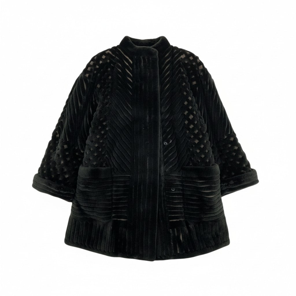 27L1 MONDEREVE シェアードリアルファー ロングコート サイズF ブラック 本毛皮 レアデザイン 格子柄 ポケット有t18r