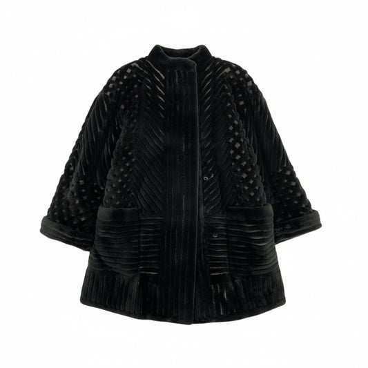 27L1 MONDEREVE シェアードリアルファー ロングコート サイズF ブラック 本毛皮 レアデザイン 格子柄 ポケット有t18r