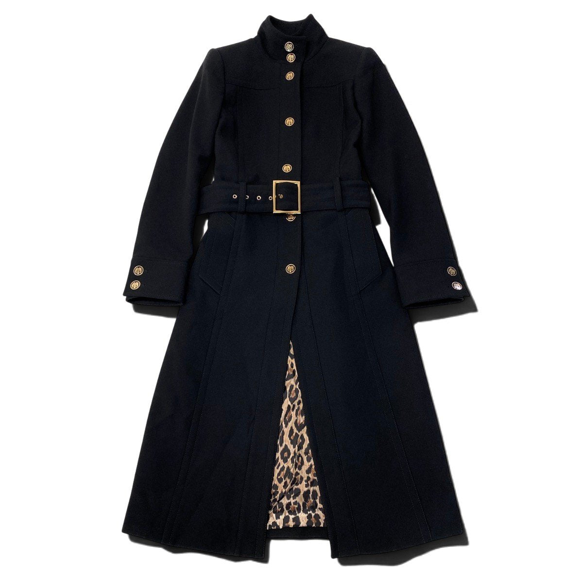 i27 【美品】DOLCE＆GABBANA ロングコート スタンドカラー ウエストベルト ブラック ウール100％ レディース 女性用u02t