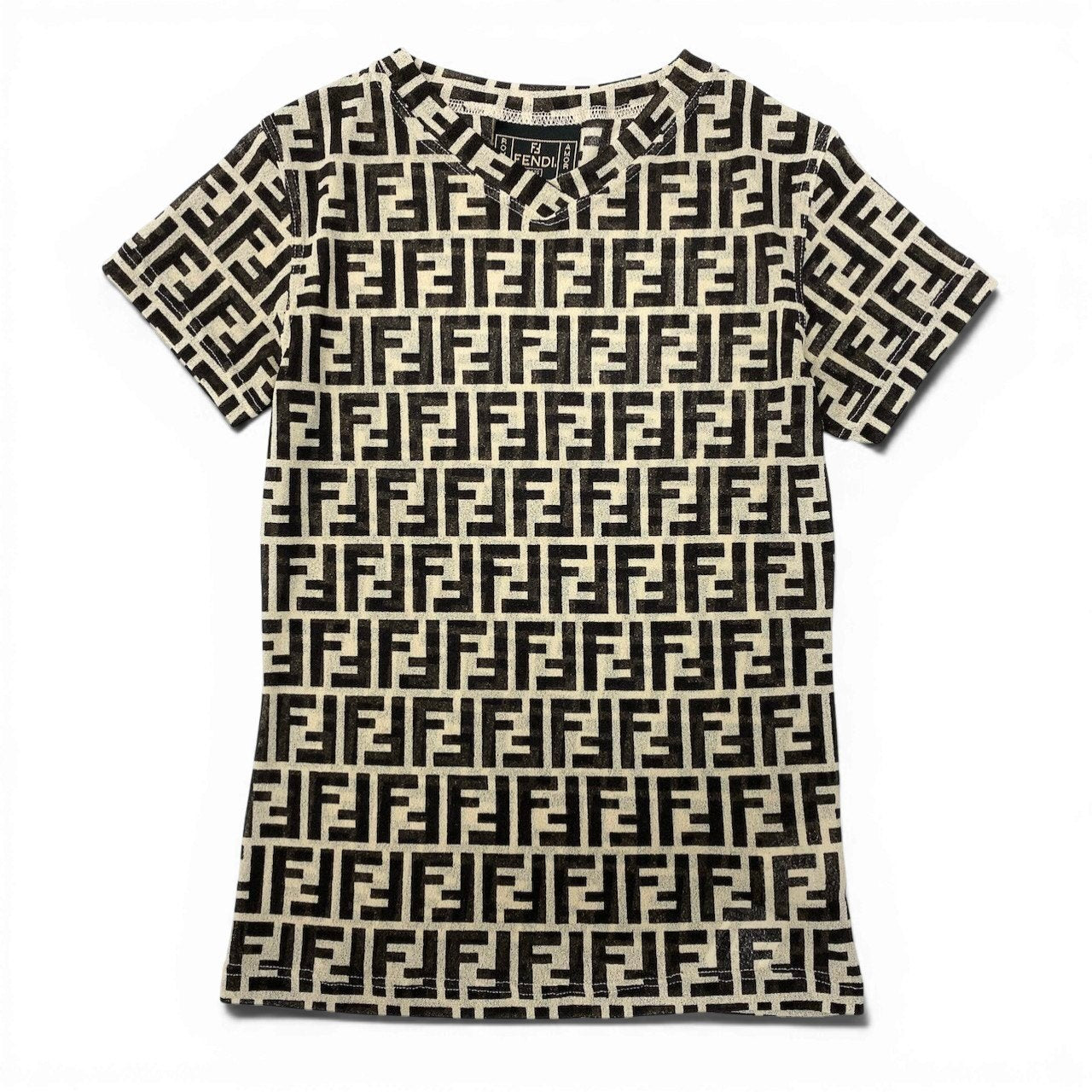 Ic30 FENDI フェンディ ズッカ柄 シアーカットソー 半袖Tシャツ 総柄 ストレッチ レディース 女性服 イタリア製40 ベージュ系u02t