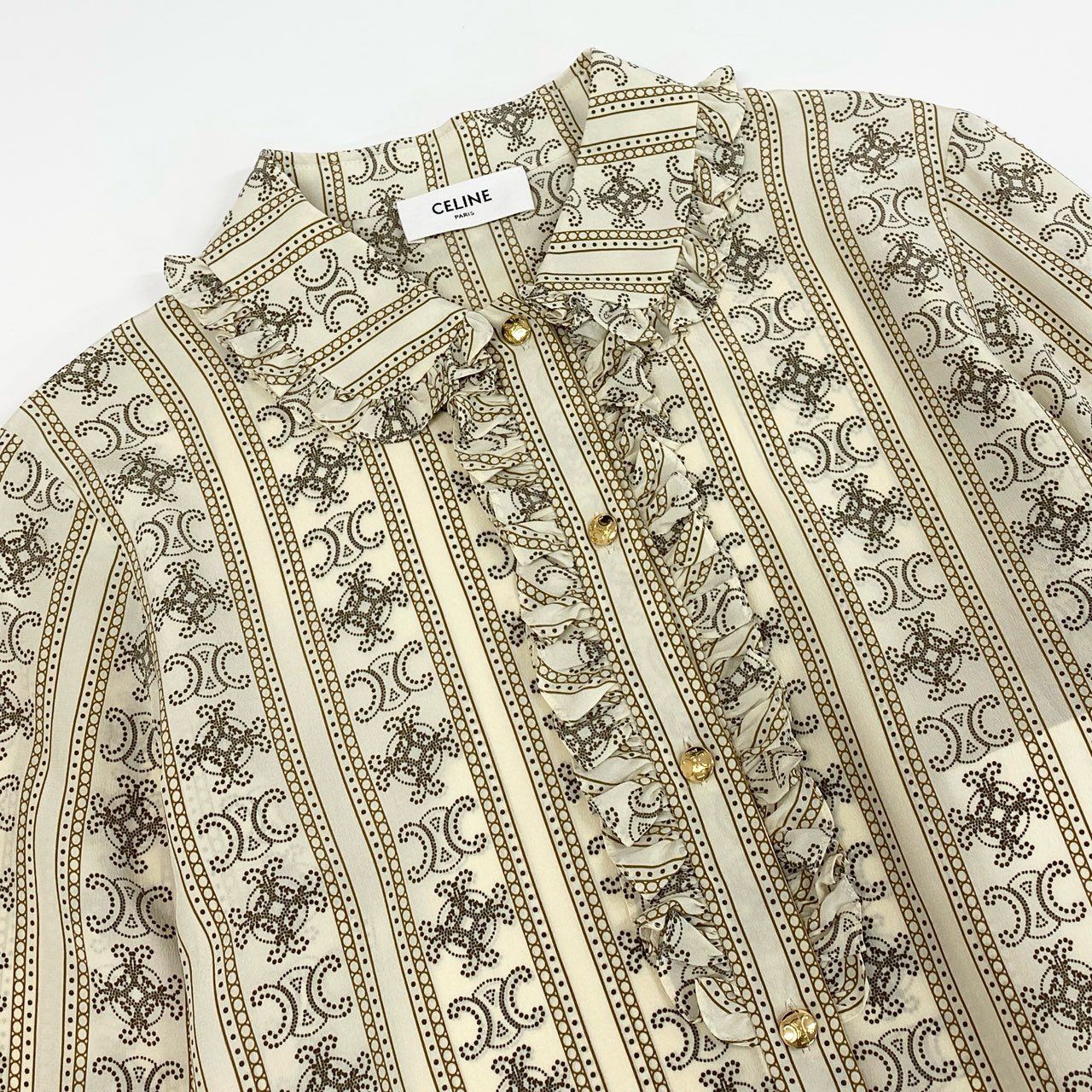 35e2 【新品】2024SS CELINE セリーヌ クレープ ド シーヌ フリルブラウス 長袖フリルシャツ トリオンフ サイズ38 シルク100 レディース 女性用 トップス シルクシャツ