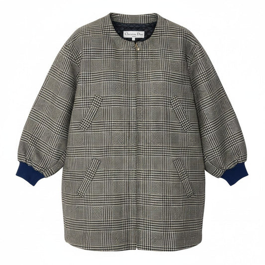 25g8 Christian Dior クリスチャンディオール ノーカラーツイードコートジャケット グレンチェック ラメ アウター Lサイズ ベージュ ネイビー レディース 女性用u02t