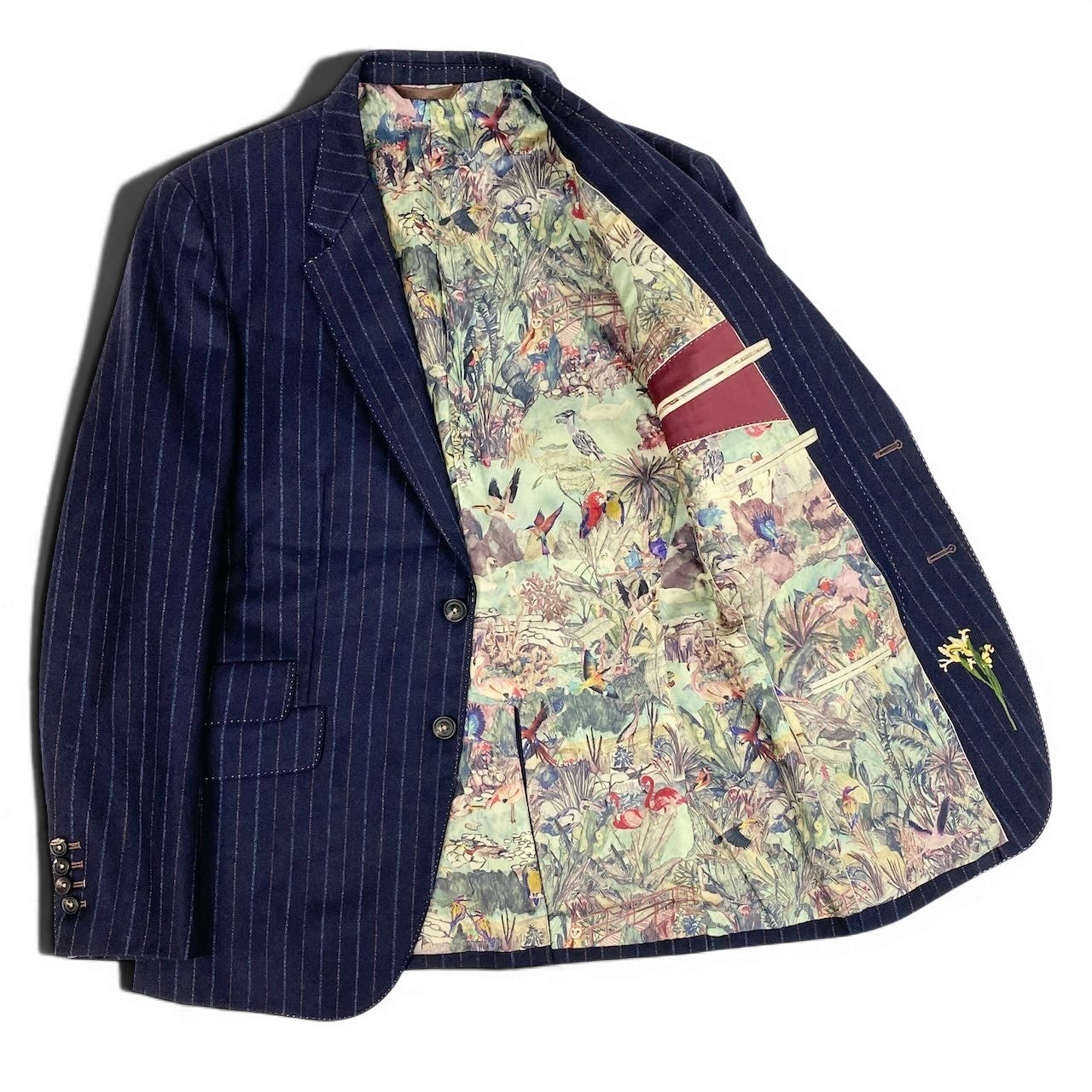 64d16 PAUL SMITH COLLECTION ポールスミス セットアップスーツ シングルスーツ 2B ストライプ柄 裏地総柄 花柄刺繍 サイズL ネイビー ウール100％ メンズ 紳士服u02t