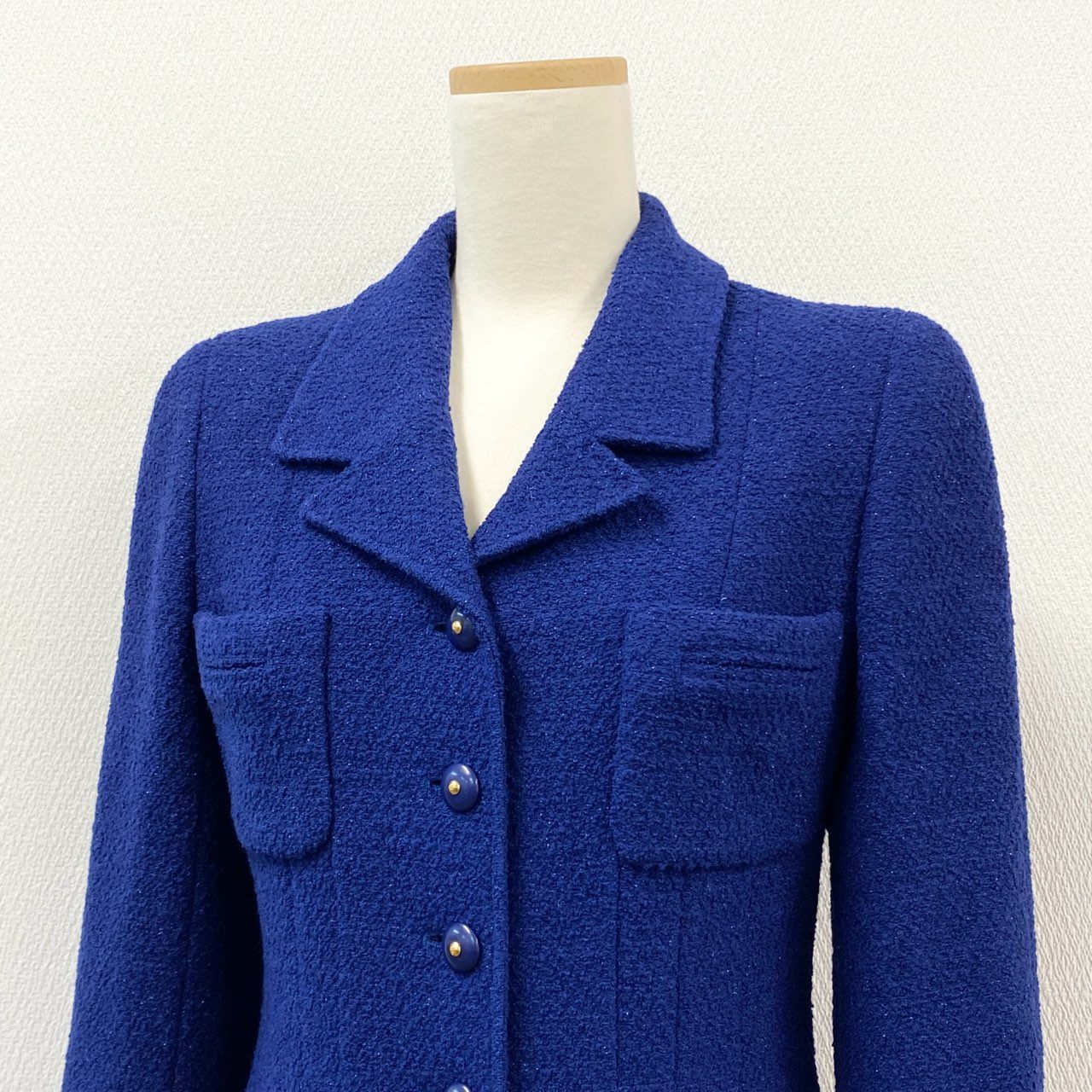 63i12 CHANEL シャネル 95A ココボタン ラメツイード セットアップ レトロ  ブルー Vintage ヴィンテージ Tweed Setupt18r