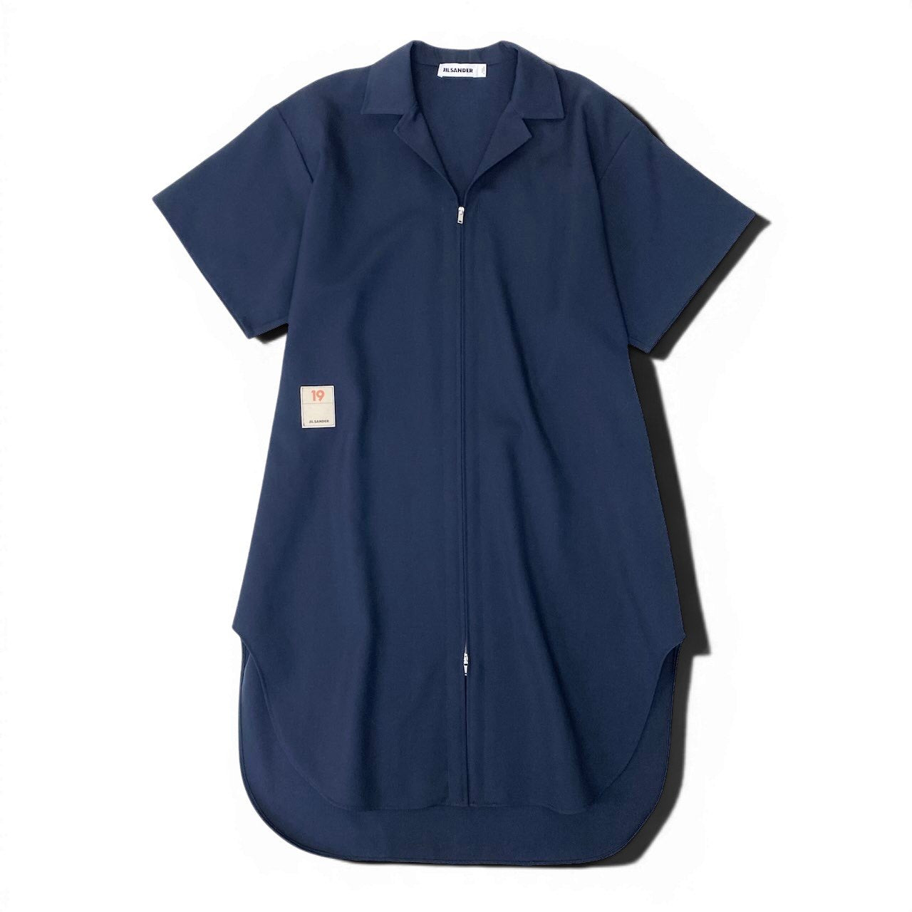 13f6 E JIL SANDER ジルサンダー 2019年 オープンカラージップワンピース 半袖 サイズ32 ネイビー ウール100％ レディース 女性用u02t