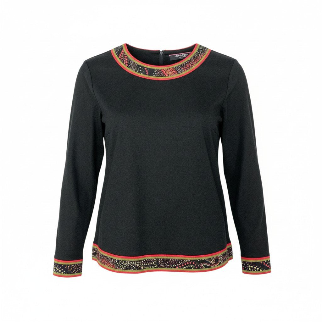 79k21 LEONARD FASHION レオナール 長袖Tシャツ クルーネック カットソー 切替プリント ウールシルク レディース 女性用 Ｍ ブラックu02t