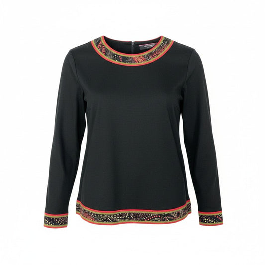 79k21 LEONARD FASHION レオナール 長袖Tシャツ クルーネック カットソー 切替プリント ウールシルク レディース 女性用 Ｍ ブラックu02t