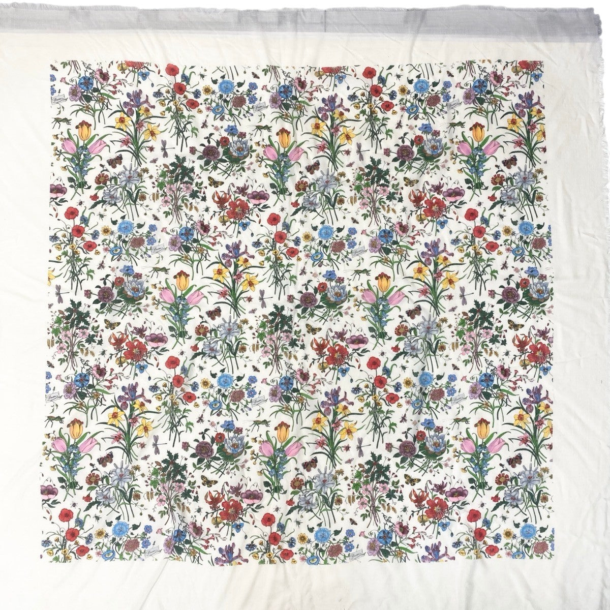 h18 GUCCI グッチ ヴィンテージ 大判スカーフ 花柄プリント フリンジ カシミヤ混 アイボリー レディースu02t