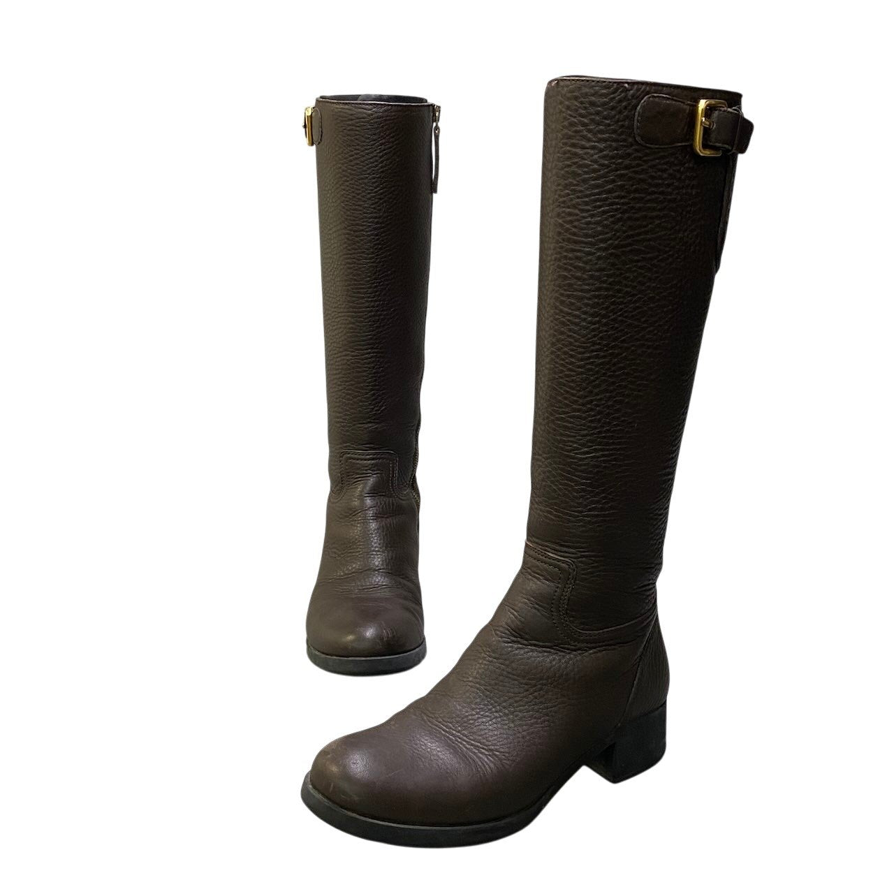 4e18 PRADA プラダ レザーロングブーツ ロングジョッキーブーツ 37サイズ ブラウン レザー レディース 女性用u02t