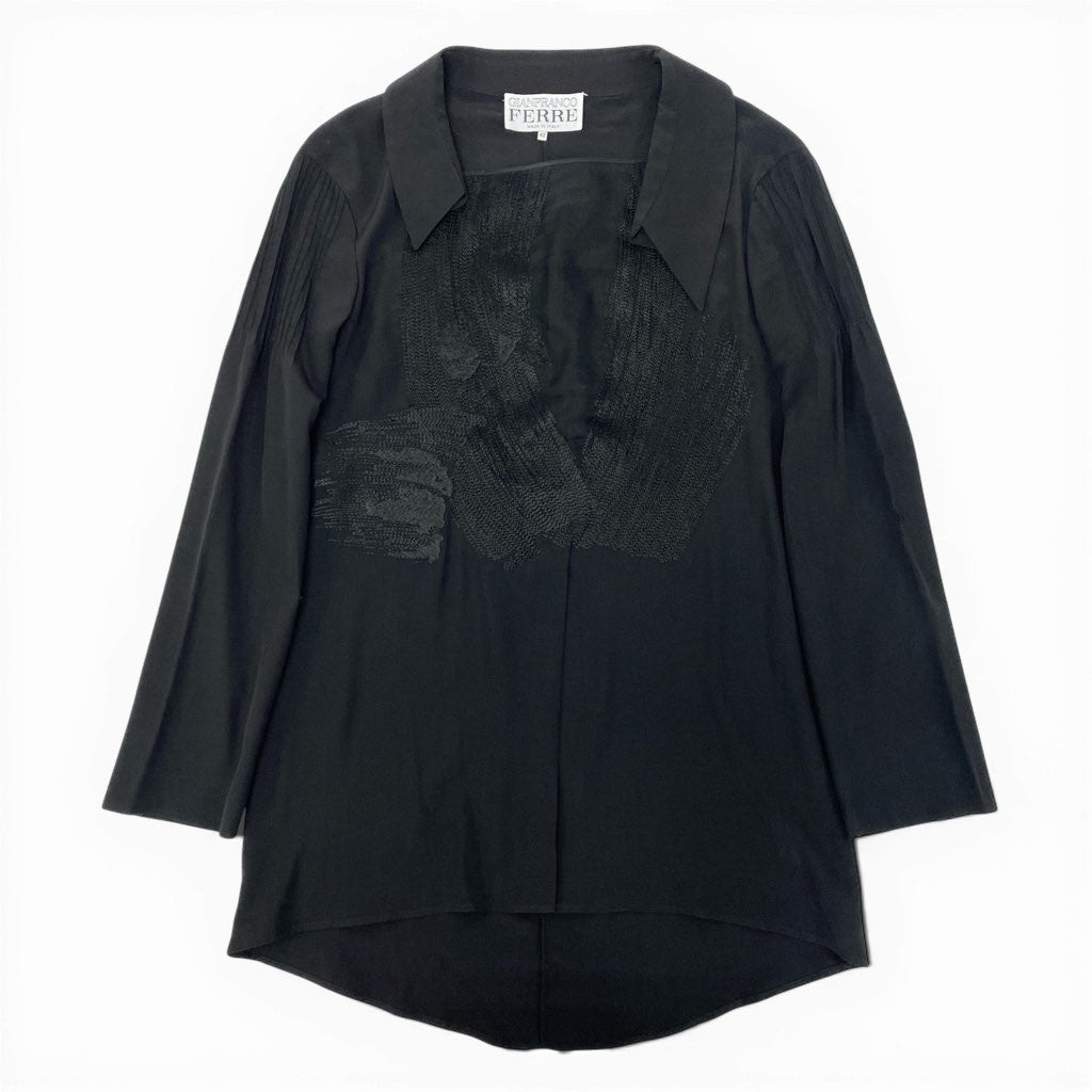 67a12 Vintage GIANFRANCO FERRE ジャンフランコフェレ 長袖ワンピース ロングワンピース 刺繍デザイン 42 ブラック シルク レディース 女性用 イタリア製u02t