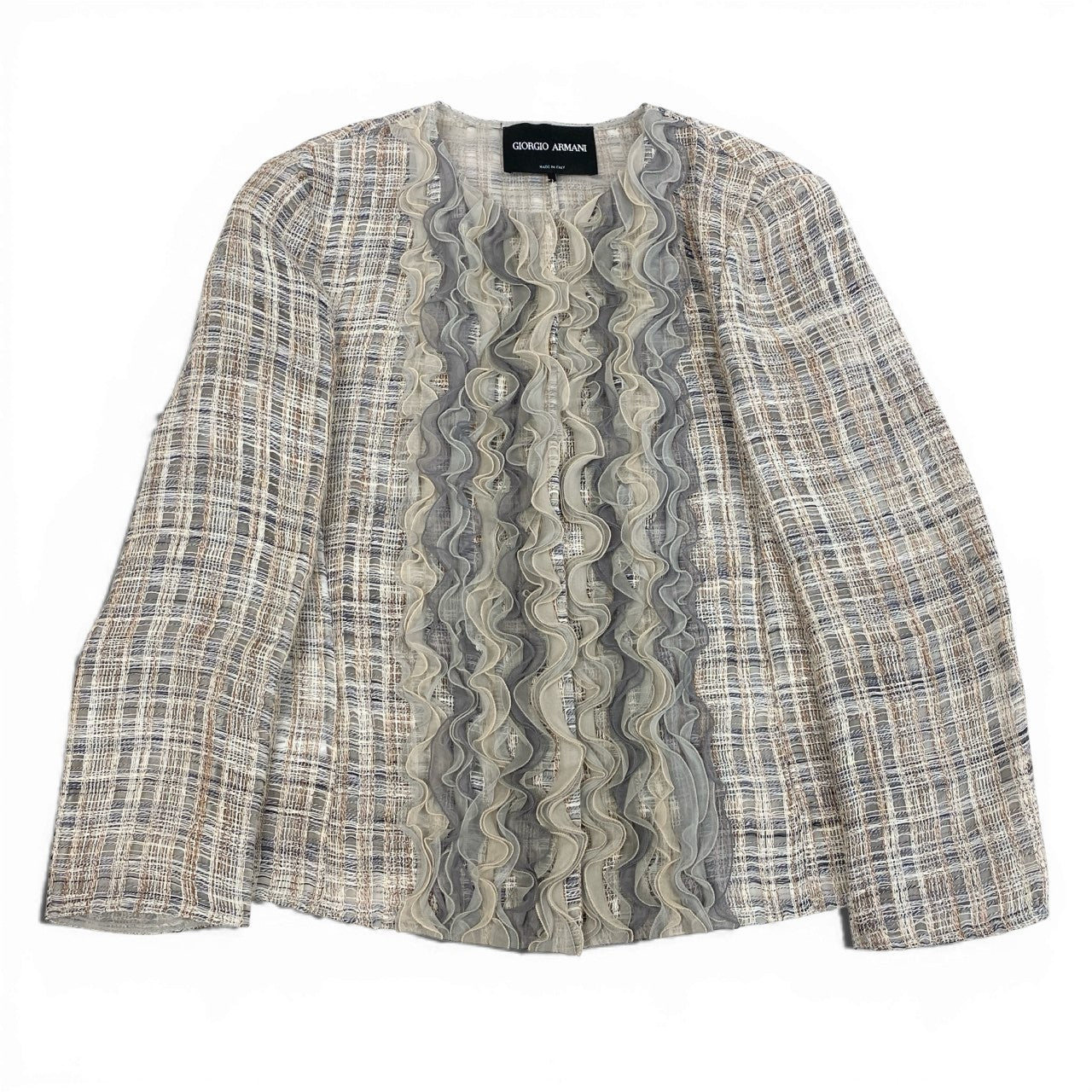 46a30 GIORGIO ARMANI ジョルジオアルマーニ ノーカラージャケット リネンツイードシルクラッフルジャケット 38サイズ マルチカラー リネン100％ シルク100％ レディースo07t