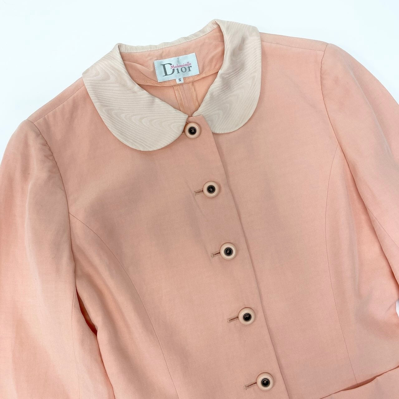 15c24 Mademoiselle Dior マドモアゼル ディオール スカートセットアップ ジャケット タイトスカート 丸襟 Sサイズ ピンク系 レディース 女性用o07t