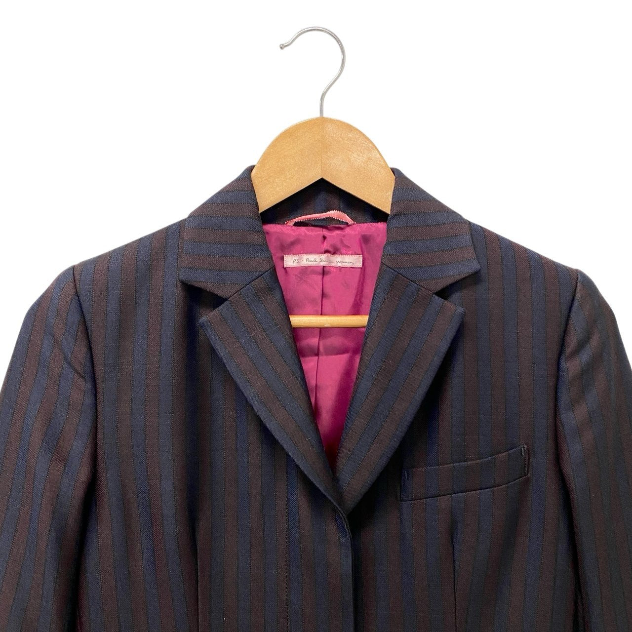 9b18 PS Paul Smith woman ポールスミス シルクブレンド ジャケットコート サイズ40 ネイビー ブラウン ストライプ柄 テーラードt18r