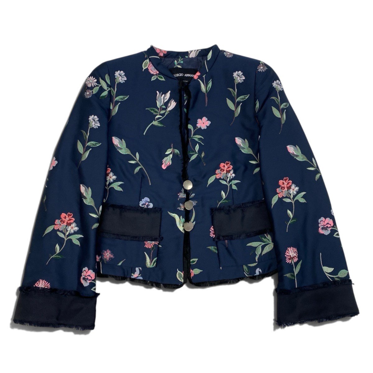 78j6 【美品】GIORGIO ARMANI ジョルジオアルマーニ ノーカラージャケット 花柄 フリンジ イタリア製 ネイビー レディース 女性用u02t