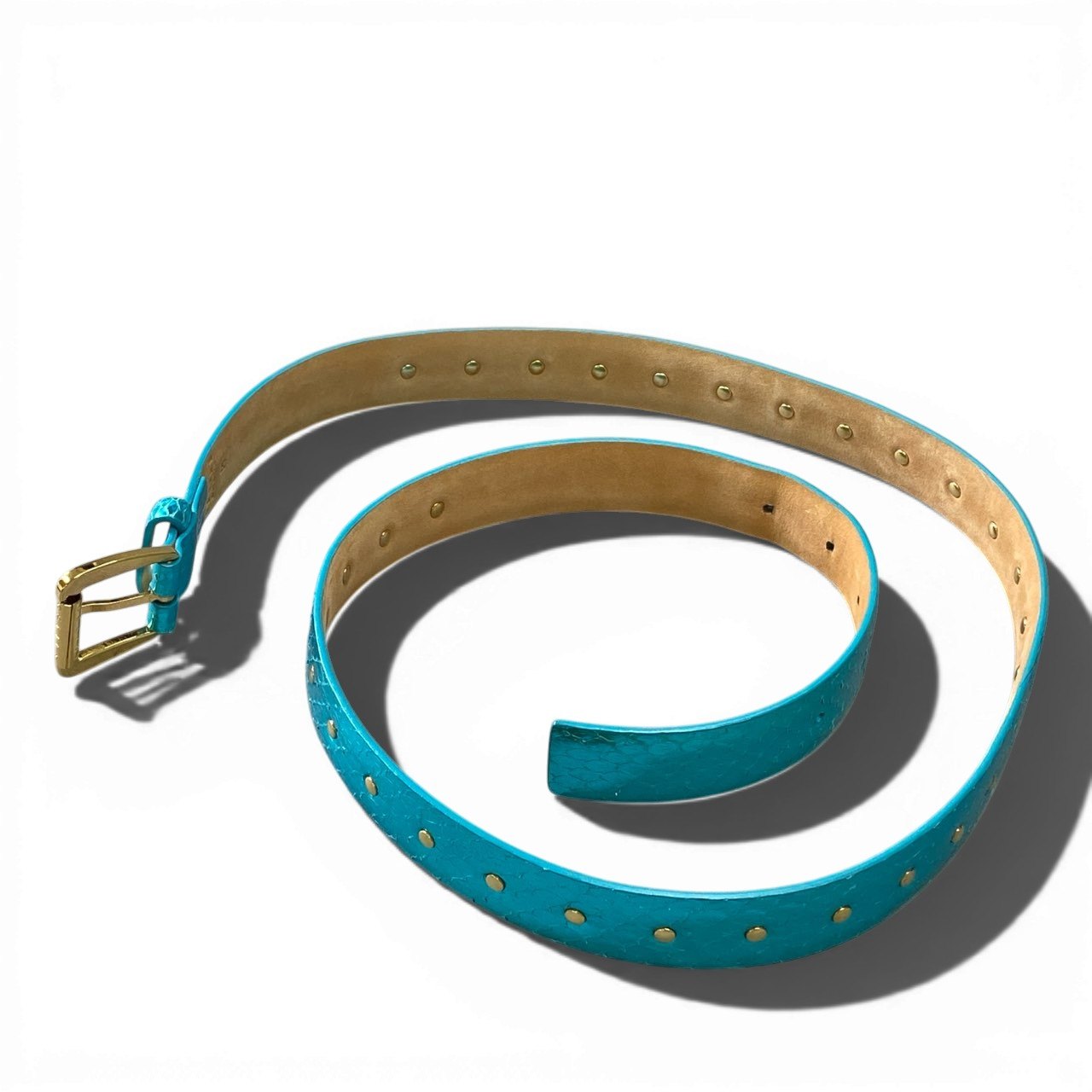 a6 CELINE セリーヌ ベルト 型押し メタリック イタリア製 ターコイズブルー レザー 本革 レディースk02i